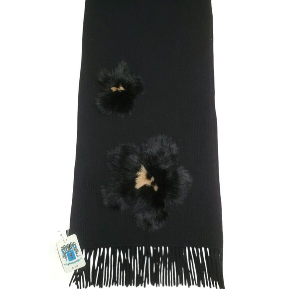 New Portolano Lambs Wool Blend Scarf Fur Flowers Angora Rabbit Black Wrap 12x70 - Picture 2 of 10